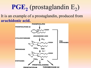 PGE2 (prostaglandin E2)
It is an example of a prostaglandin, produced from
arachidonic acid.
 
