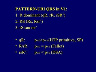 PATTERN-URI QRS in V1:
1. R dominant (qR, rR, rSR’)
2. RS (Rs, Rsr’)
3. rS sau rsr’
• qR: pVD>pVS (HTP primitiva, SP)
• R/rR: pVD = pVS (Fallot)
• rsR’: pVD < pVS (DSA)
 
