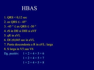 HBAS
1. QRS < 0,12 sec
2. ax QRS ≤ - 45°
3. -45 ° ≤ ax QRS ≤ -30 °
4. rS in DII si DIII si aVF
5. qR in aVL
6. DI ≥0,045 sec in aVL
7. Panta descendenta a R in aVL: larga
8. S larga in V5 sau V6
Dg. pozitiv: 1 + 2 + 4 + 5 + 6
1 + 2 + 4 + 5 + 7
1 + 2 + 4 + 5 + 8
 