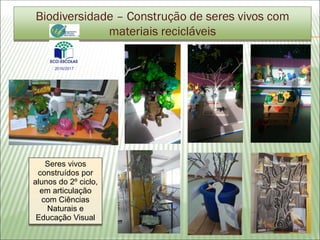 Biodiversidade – Construção de seres vivos com
materiais recicláveis
Seres vivos
construídos por
alunos do 2º ciclo,
em articulação
com Ciências
Naturais e
Educação Visual
2016/2017
 