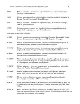 COVENIN – MINDUR 1618-98 ESTRUCTURAS DE ACERO PARA EDIFICACIONES C-9
OMF Pórticos resistentes a momento con capacidad mínima de disipación de energía
(Ordinary Moment Frames).
SCBF Pórticos con arriostramientos concéntricos con capacidad especial de disipación de
Energía (Special Concentrically Braced Frames).
SMF Pórticos resistentes a momento con capacidad especial de disipación de energía
(Special Moment Frames).
STMF Pórtico resistente a momento con vigas de celosías con capacidad especial de
disipación de nergía (Special Truss Moment Frames).
Estructuras mixtas acero – concreto:
C- EBF Pórticos mixtos con arriostramientos excéntricos (Composite Eccentrically Braced
Frames). Se consideran con capacidad especial de disipación de energía.
C- IMF Pórticos mixtos resistentes a momento con capacidad intermedia de disipación de
energía intermedia (Composite Intermediate Moment Frames).
C- OCBF Pórticos mixtos con arriostramientos concéntricos, con una capacidad mínima de
disipación de energía (Composite Ordinary Concentrically Braced Frames).
C- OMF Pórticos mixtos resistentes a momento con capacidad mínima de disipación de
energía (Composite Ordinary Moment Frames).
C-ORCW Muros estructurales de concreto reforzado con miembros de bordes de acero , con
capacidad mínima de disipación de energía (Ordinary Reinforced Concrete Shear
Walls Composite With Structural Steel Elements).
C- PRMF Pórticos resistentes a momentos con conexiones mixtas parcialmente restringidas
(Composite Partially Restrained Moment Frames)
C- SCBF Pórticos mixtos con arriostramientos concéntricos, con capacidad especial de
disipación de energía (Composite Special Concentrically Braced Frames).
C- SMF Pórticos mixtos resistentes a momento con capacidad especial de disipación
de energía (Composite Special Moment Frames).
C-SPW Muros estructurales reforzados con planchas de acero cuyos miembros de borde son
perfiles de acero o de sección mixta acero – concreto (Composite Steel Plate Shear
Walls).
C-SRCW Muros estructurales de concreto reforzado con miembros de bordes de acero , con
capacidad especial de disipación de energía (Special Reinforced Concrete Shear Walls
Composite With Structural Steel Elements).
 