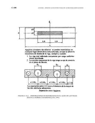 C-108 COVENIN – MINDUR 1618-98 ESTRUCTURAS DE ACERO PARA EDIFICACIONES
FIGURA C-16.2 PERFORACIONES NO REFORZADAS EN EL ALMA DE LAS VIGAS
SEGÚN LA NORMA CANADIENSE [CSA, 1993]
 