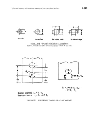 COVENIN – MINDUR 1618-98 ESTRUCTURAS DE ACERO PARA EDIFICACIONES C-149
FIGURA 22.2 TIPOS DE AGUJEROS PARA PERNOS
La línea punteada indica las dimensiones para el cálculo de área neta.
FIGURA 22.3 RESISTENCIA TEÓRICA AL APLASTAMIENTO
 