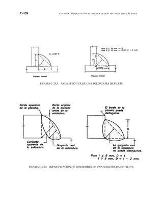 C-158 COVENIN – MINDUR 1618-98 ESTRUCTURAS DE ACERO PARA EDIFICACIONES
FIGURA C-23.5 ÁREA EFECTIVA DE UNA SOLDADURA DE FILETE
FIGURA C-23.6 IDENTIFICACIÓN DE LOS BORDES DE UNA SOLDADURA DE FILETE.
 