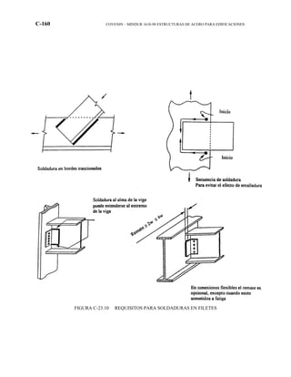 C-160 COVENIN – MINDUR 1618-98 ESTRUCTURAS DE ACERO PARA EDIFICACIONES
FIGURA C-23.10 REQUISITOS PARA SOLDADURAS EN FILETES
 