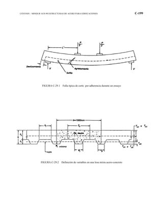 COVENIN – MINDUR 1618-98 ESTRUCTURAS DE ACERO PARA EDIFICACIONES C-199
FIGURA C-29.1 Falla típica de corte por adherencia durante un ensayo
FIGURA C-29.2 Definición de variables en una losa mixta acero-concreto
 