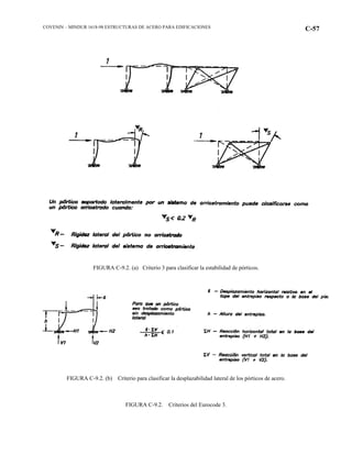 COVENIN – MINDUR 1618-98 ESTRUCTURAS DE ACERO PARA EDIFICACIONES C-57
FIGURA C-9.2. (a) Criterio 3 para clasificar la estabilidad de pórticos.
FIGURA C-9.2. (b) Criterio para clasificar la desplazabilidad lateral de los pórticos de acero.
FIGURA C-9.2. Criterios del Eurocode 3.
 
