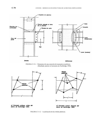 C-70 COVENIN – MINDUR 1618-98 ESTRUCTURAS DE ACERO PARA EDIFICACIONES
FIGURA C-11.1 Elementos de una conexión de momento en pórticos
(Detallado anterior al terremoto de Northridge 1994)
FIGURA C-11.2 Localización de las rótulas plásticas.
 