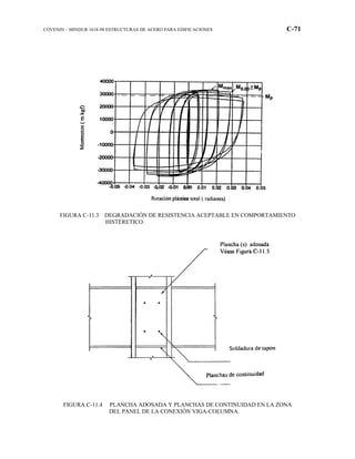 COVENIN – MINDUR 1618-98 ESTRUCTURAS DE ACERO PARA EDIFICACIONES C-71
FIGURA C-11.3 DEGRADACIÓN DE RESISTENCIA ACEPTABLE EN COMPORTAMIENTO
HISTÉRETICO.
FIGURA C-11.4 PLANCHA ADOSADA Y PLANCHAS DE CONTINUIDAD EN LA ZONA
DEL PANEL DE LA CONEXIÓN VIGA-COLUMNA.
 