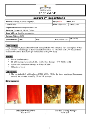 Incident
                                     Security Department
Incident: Damage to Hotel Property.                              IR.No.1618        OB No. 400
Location: Villa -3                                               Date: 21/05/2011      Time: 13:00
Suspect Person: In-house guest of villa-03
Reported Person: HK SM-Eric Tolibas.
Home Address: SLAD Accommodation.
Business Address: SLAD
                                                                                        (OTHERS)
Phone Number         HM:                 WK:                       MB:0508437758


Occurrence:
Today around 13:00, Received a call from HK manager Mr. Eric that while they were cleaning villa-3, they
have discovered some damages as there was one burn mark on one sofa which costs (700 AED) and one
round marble table at the bar area got broken which costs (3000 AED).

Action:
       Photos have been taken.
       DE & HK manager have estimated the cost for those damages ( 3700 AED for both)
       DM has been informed accordingly to charge the guest.
       IR has been raised.

Conclusion:
    The guest of villa-3 will be charged 3700 AED by DM for the above mentioned damages as
     the cost has been estimated by DE and HK manager.

Attachments:




              DIRECTOR OF SECURITY                                 Assistant Security Manager
                   Wael El Said                                           Habib Rezk




                                                           1
 