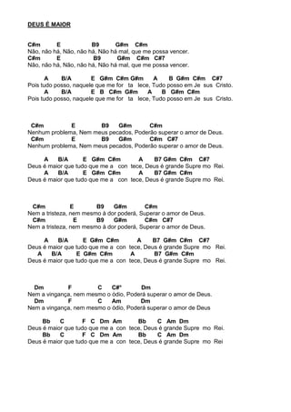 DEUS É MAIOR
C#m E B9 G#m C#m
Não, não há, Não, não há, Não há mal, que me possa vencer.
C#m E B9 G#m C#m C#7
Não, não há, Não, não há, Não há mal, que me possa vencer.
A B/A E G#m C#m G#m A B G#m C#m C#7
Pois tudo posso, naquele que me for ta lece, Tudo posso em Je sus Cristo.
A B/A E B C#m G#m A B G#m C#m
Pois tudo posso, naquele que me for ta lece, Tudo posso em Je sus Cristo.
C#m E B9 G#m C#m
Nenhum problema, Nem meus pecados, Poderão superar o amor de Deus.
C#m E B9 G#m C#m C#7
Nenhum problema, Nem meus pecados, Poderão superar o amor de Deus.
A B/A E G#m C#m A B7 G#m C#m C#7
Deus é maior que tudo que me a con tece, Deus é grande Supre mo Rei.
A B/A E G#m C#m A B7 G#m C#m
Deus é maior que tudo que me a con tece, Deus é grande Supre mo Rei.
C#m E B9 G#m C#m
Nem a tristeza, nem mesmo à dor poderá, Superar o amor de Deus.
C#m E B9 G#m C#m C#7
Nem a tristeza, nem mesmo à dor poderá, Superar o amor de Deus.
A B/A E G#m C#m A B7 G#m C#m C#7
Deus é maior que tudo que me a con tece, Deus é grande Supre mo Rei.
A B/A E G#m C#m A B7 G#m C#m
Deus é maior que tudo que me a con tece, Deus é grande Supre mo Rei.
Dm F C C#° Dm
Nem a vingança, nem mesmo o ódio, Poderá superar o amor de Deus.
Dm F C Am Dm
Nem a vingança, nem mesmo o ódio, Poderá superar o amor de Deus
Bb C F C Dm Am Bb C Am Dm
Deus é maior que tudo que me a con tece, Deus é grande Supre mo Rei.
Bb C F C Dm Am Bb C Am Dm
Deus é maior que tudo que me a con tece, Deus é grande Supre mo Rei
 