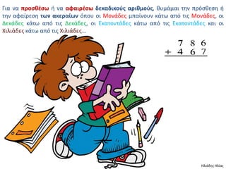 Για να προςκζςω ι να αφαιρζςω δεκαδικοφσ αρικμοφσ, κυμάμαι τθν πρόςκεςθ ι
τθν αφαίρεςθ των ακεραίων όπου οι Μονάδεσ μπαίνουν κάτω από τισ Μονάδεσ, οι
Δεκάδεσ κάτω από τισ Δεκάδεσ, οι Εκατοντάδεσ κάτω από τισ Εκατοντάδεσ και οι
Χιλιάδεσ κάτω από τισ Χιλιάδεσ…




                                                                    Ηλιάδθσ Ηλίασ
 
