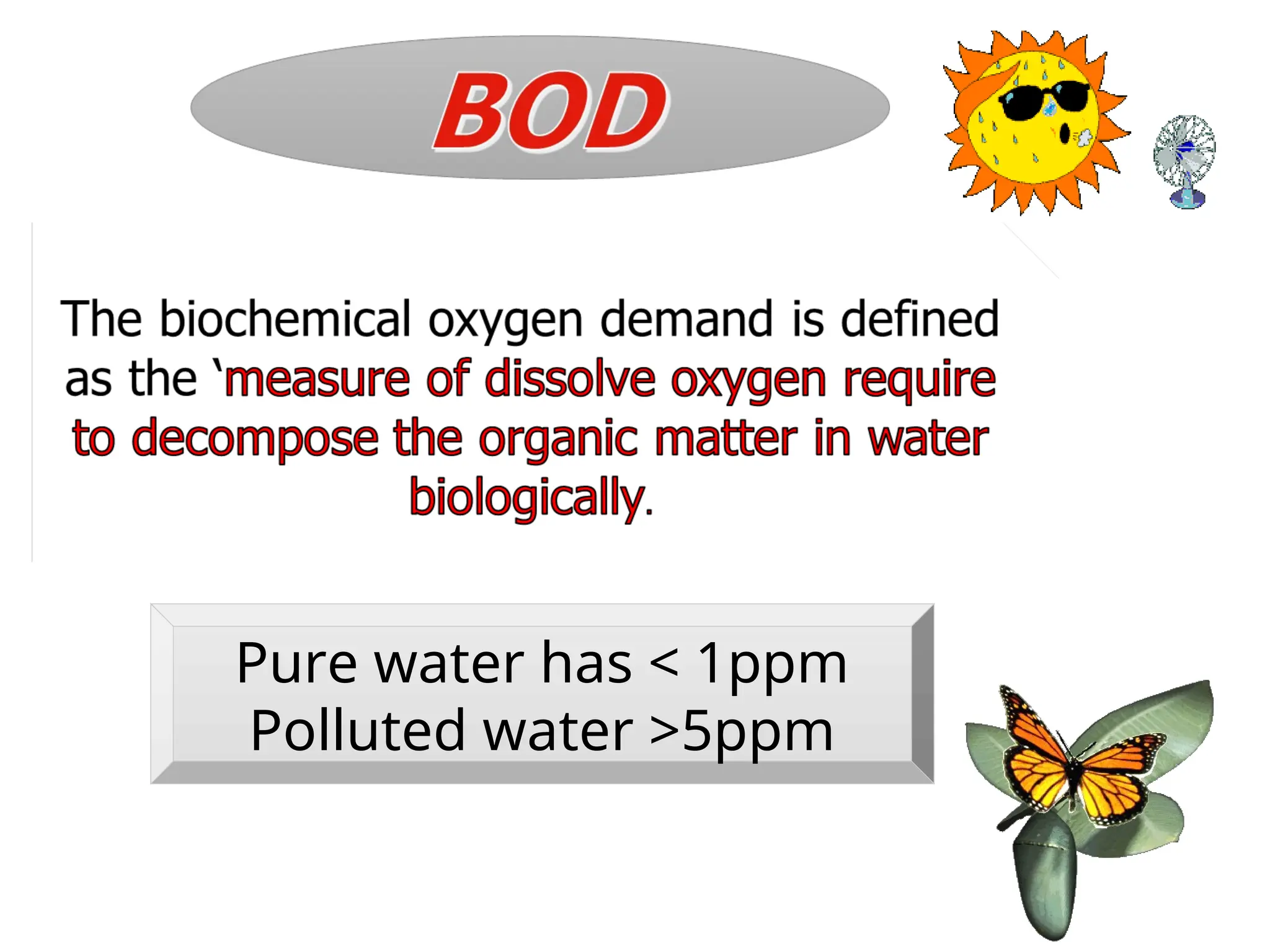 Pure water has < 1ppm
Polluted water >5ppm
 