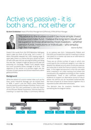 PAGE 15 STANLIB MULTI-MANAGER | MULTI-MANAGER MINDSET
Doesn’t this quote from the 2013 Berkshire Hathaway
report make you think of the song; “Isn’t it ironic”? If
Alanis Morissette released her chart topping single 15
years later, there is a chance the lyrics would not start
off with a 98-year-old man winning the lottery and dying
the next day. Instead it might be about an 83 year old
endorsing an Exchange Traded Fund despite being
the most successful active manager of all time. The
objective of this article is to provide insight into the
inclusion of both passive and active investments within
global portfolios.
Background
While the advent of a stock market index such as the
Dow Jones Industrial Average can be traced back
to 1896, it wasn’t until the 1950’s when Markowitz
introduced the world to Modern Portfolio Theory, and
Fama in the 70’s who presented us with the notion
of the Efficient Market Hypothesis, that the basis for
investing in a style that today is commonly referred
to as passive was born. Subsequently Malkiel and
Ellis both put forward the case for investing in indices
calculated on a market cap basis as an alternative to
an active manager.
There are an infinite number of ways in which one
could specify the constituent weights in an index so
despite the debate around what constitutes passive,
we subscribe to what the finance industry means by
beta. In this regard we assume it is the risk one takes
when investing in an index tracking fund where the
constituents are weighted according to their market
capitalisation. There is also sufficient academic
evidence to support an alternative source of return
where risk premia can be harvested systematically.
We have lumped all of these factors together into a
separate bucket called alternative beta.
The decision tree for investors therefore looks
something like the diagram below:
Active vs passive - it is
both and... not either or
“My advice to the trustee couldn’t be more simple: Invest
in a low cost index fund. I believe the long-term results will
be superior to those attained by most investors – whether
pension funds, institutions or individuals – who employ
high fee managers”.
By Kent Grobbelaar, Head of Portfolio Management (Offshore), STANLIB Multi-Manager
Warren Buffett
QuantFundamental
EnhancedIndexMultiFactorDefensiveAggressive
Active
Alternative Beta
Value
Capweighted
Passive
SmallCap
DECISION TREE
 
