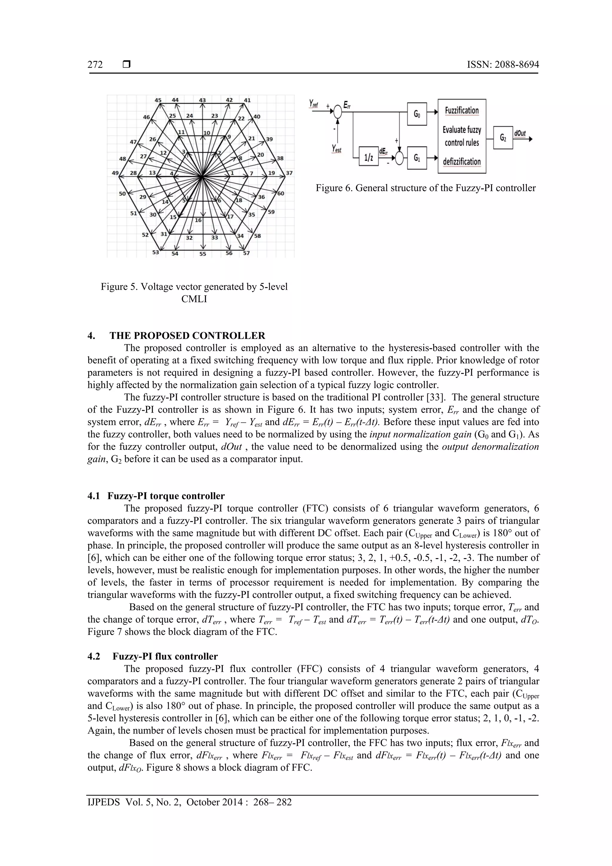  ISSN: 2088-8694
IJPEDS Vol. 5, No. 2, October 2014 : 268– 282
272
Figure 5. Voltage vector generated by 5-level
CMLI
Figure 6. General structure of the Fuzzy-PI controller
4. THE PROPOSED CONTROLLER
The proposed controller is employed as an alternative to the hysteresis-based controller with the
benefit of operating at a fixed switching frequency with low torque and flux ripple. Prior knowledge of rotor
parameters is not required in designing a fuzzy-PI based controller. However, the fuzzy-PI performance is
highly affected by the normalization gain selection of a typical fuzzy logic controller.
The fuzzy-PI controller structure is based on the traditional PI controller [33]. The general structure
of the Fuzzy-PI controller is as shown in Figure 6. It has two inputs; system error, Err and the change of
system error, dErr , where Err = Yref – Yest and dErr = Err(t) – Err(t-Δt). Before these input values are fed into
the fuzzy controller, both values need to be normalized by using the input normalization gain (G0 and G1). As
for the fuzzy controller output, dOut , the value need to be denormalized using the output denormalization
gain, G2 before it can be used as a comparator input.
4.1 Fuzzy-PI torque controller
The proposed fuzzy-PI torque controller (FTC) consists of 6 triangular waveform generators, 6
comparators and a fuzzy-PI controller. The six triangular waveform generators generate 3 pairs of triangular
waveforms with the same magnitude but with different DC offset. Each pair (CUpper and CLower) is 180° out of
phase. In principle, the proposed controller will produce the same output as an 8-level hysteresis controller in
[6], which can be either one of the following torque error status; 3, 2, 1, +0.5, -0.5, -1, -2, -3. The number of
levels, however, must be realistic enough for implementation purposes. In other words, the higher the number
of levels, the faster in terms of processor requirement is needed for implementation. By comparing the
triangular waveforms with the fuzzy-PI controller output, a fixed switching frequency can be achieved.
Based on the general structure of fuzzy-PI controller, the FTC has two inputs; torque error, Terr and
the change of torque error, dTerr , where Terr = Tref – Test and dTerr = Terr(t) – Terr(t-Δt) and one output, dTO.
Figure 7 shows the block diagram of the FTC.
4.2 Fuzzy-PI flux controller
The proposed fuzzy-PI flux controller (FFC) consists of 4 triangular waveform generators, 4
comparators and a fuzzy-PI controller. The four triangular waveform generators generate 2 pairs of triangular
waveforms with the same magnitude but with different DC offset and similar to the FTC, each pair (CUpper
and CLower) is also 180° out of phase. In principle, the proposed controller will produce the same output as a
5-level hysteresis controller in [6], which can be either one of the following torque error status; 2, 1, 0, -1, -2.
Again, the number of levels chosen must be practical for implementation purposes.
Based on the general structure of fuzzy-PI controller, the FFC has two inputs; flux error, Flxerr and
the change of flux error, dFlxerr , where Flxerr = Flxref – Flxest and dFlxerr = Flxerr(t) – Flxerr(t-Δt) and one
output, dFlxO. Figure 8 shows a block diagram of FFC.
 