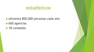 estadísticos
 alimenta 800,000 personas cada año
 600 agencias
 18 condados
 