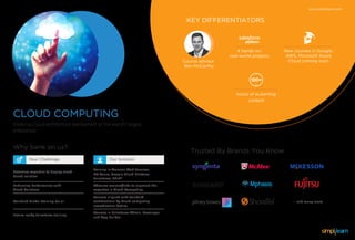 CLOUD COMPUTING
Enabling Cloud architecture deployment at the world’s largest
enterprises
Why bank on us?
Our SolutionYour Challenge
www.simplilearn.com
KEY DIFFERENTIATORS
Course advisor
Ben McCarthy
hours of eLearning
content
100+
4 hands-on,
real-world projects
New courses in Google,
AWS, Microsoft Azure
Cloud coming soon
Extensive expertise to deploy cloud
based solution
Training in Amazon Web Services,
MS Azure, Google Cloud Platform,
Salesforce, EXIN®
Advance courses/labs to augment the
expertise in Cloud Computing
Enhancing Performance with
Cloud Solutions
Courses aligned with standard
certifications by Cloud computing
accreditation bodies
Standard Global Training for all
Courses in Salesforce Admin, Developer
and App Builder
Future-ready Salesforce training
Trusted By Brands You Know
— and many more.
 