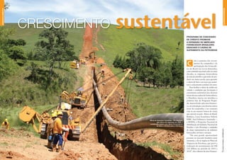 |REVISTAPETROBRAS|OUTUBRO2010DESENVOLVIMENTO
|REVISTAPETROBRAS|OUTUBRO2010
16 17
ENVOLVIMENTO
sustentávelCRESCIMENTO
PROGRAMA DE CONCESSÃO
DE CRÉDITO PROMOVE
A EXPANSÃO DO MERCADO
FORNECEDOR BRASILEIRO
DEDICADO À CADEIA DE
SUPRIMENTO DA PETROBRAS
om o aumento dos investi-
mentos da companhia e da
participação dos fornecedo-
res do Brasil nas novas demandas,
com conteúdo nacional cada vez mais
elevado, as empresas fornecedoras
da área de petróleo e gás terão de pro-
duzir em maior escala, para garantir
a oferta de bens e serviços que susten-
tem o crescimento contínuo do setor.
Para facilitar a oferta de crédito em
volume e condições que favoreçam o
crescimento sustentável dos diversos
níveis da sua cadeia de fornecedores,
a Petrobras iniciou em setembro a
primeira fase do Programa Progre-
dir, desenvolvido pela área Financei-
ra, em articulação com diversas outras
áreas da companhia e em conjunto
com os seis maiores bancos de varejo
que operam no país – Banco do Brasil,
Bradesco, Caixa Econômica Federal,
HSBC, Itaú Unibanco e Santander –,
o BNDES, o Programa Nacional de
Mobilização da Indústria Nacional de
Petróleo e Gás (Prominp) e entidades
de classe representativas da indústria
fornecedora de bens e serviços.
“Há uma grande oportunidade
presente no mercado brasileiro neste
momento, e ela se origina no Plano de
Negócios da Petrobras, que prevê a
realização de investimentos de US$
224 bilhões no período de 2010 a
2014”, diz o diretor da área Financei-
C
Obras do Gasoduto Campinas – Rio (Gascar),
que entrou em operação em 2008: a
construção contou com vários fornecedores
de bens e serviços para a Petrobras
AILTONMENDONÇA
DESENVOLVIMENTO
 