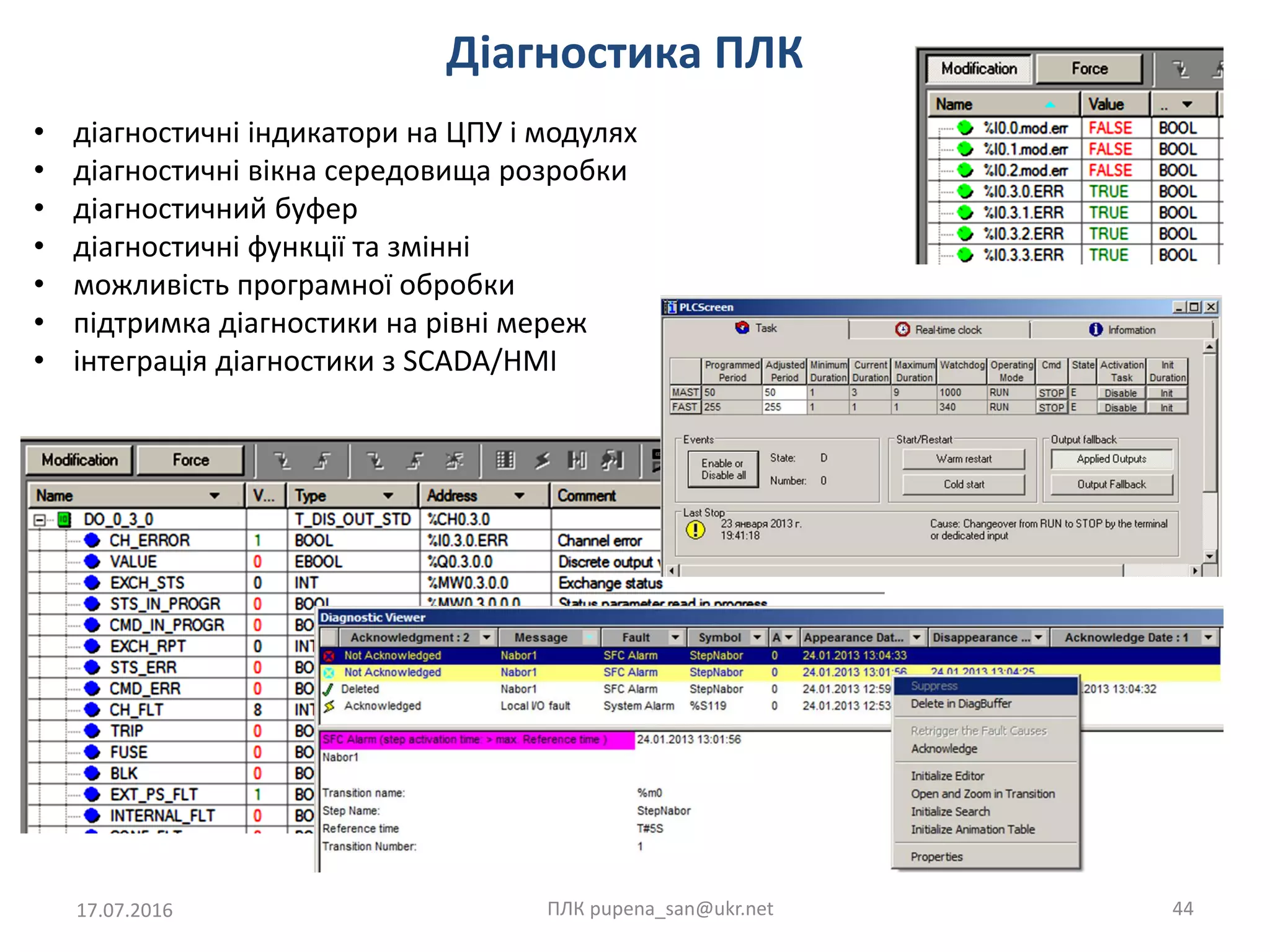 Діагностика ПЛК
17.07.2016 ПЛК pupena_san@ukr.net 44
• діагностичні індикатори на ЦПУ і модулях
• діагностичні вікна середовища розробки
• діагностичний буфер
• діагностичні функції та змінні
• можливість програмної обробки
• підтримка діагностики на рівні мереж
• інтеграція діагностики з SCADA/HMI
 