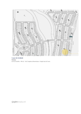 Venda: R$ 210.000,00
Terreno
Lote no Eusébio - 486 m² - Sul Completa infraestrutura e Ampla área de Lazer.
GuajiruFortaleza-CE
 