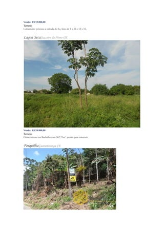Venda: R$ 53.000,00
Terreno
Loteamento próximo a entrada do fio, lotes de 8 x 31 e 12 x 31,
Lagoa SecaJuazeiro do Norte-CE
Venda: R$ 54.000,00
Terreno
Ótimo terreno em Barbalha com 362,55m², pronto para construir.
ForquilhaGuaramiranga-CE
 