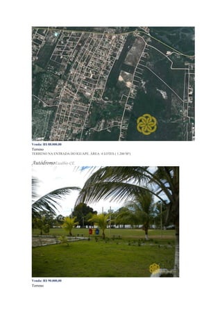 Venda: R$ 88.000,00
Terreno
TERRENO NA ENTRADA DO IGUAPE. ÁREA: 4 LOTES ( 1.200 M²)
AutódromoEusébio-CE
Venda: R$ 90.000,00
Terreno
 