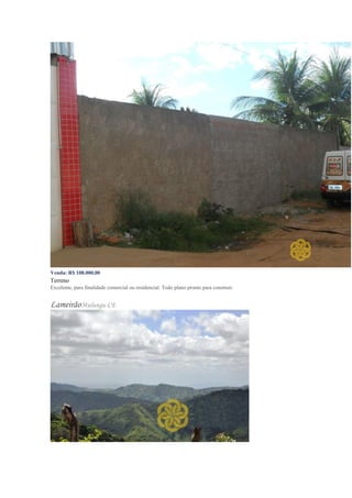 Venda: R$ 108.000,00
Terreno
Excelente, para finalidade comercial ou residencial. Todo plano pronto para construir.
LameirãoMulungu-CE
 