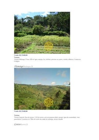 Venda: R$ 35.000,00 $ 83,33 Venda
Terreno
Terreno Mulungu 2 Área: 420 m² água, energia, luz, telefone. próximo ao centro, vizinho a Bancos, Comércios,
Colégios
FlamengoMulungu-CE
Venda: R$ 35.000,00
Valor do m²: R$ 1,47
Terreno
Terreno Segredo Área do terreno: 2,38 ha terreno com um pequeno platô, energia, água da comunidade, vista
panorâmica. Localiza-se à 700m do centro da cidade de mulungu, acesso calçado.
CentroPacoti-CE
 
