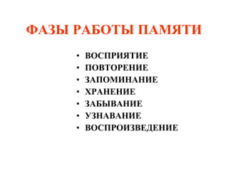 ФАЗЫ РАБОТЫ ПАМЯТИ ВОСПРИЯТИЕ ПОВТОРЕНИЕ ЗАПОМИНАНИЕ ХРАНЕНИЕ ЗАБЫВАНИЕ УЗНАВАНИЕ ВОСПРОИЗВЕДЕНИЕ 