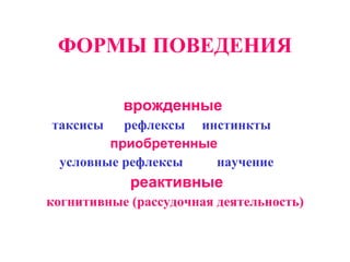 ФОРМЫ ПОВЕДЕНИЯ врожденные  таксисы  рефлексы  инстинкты  приобретенные  условные рефлексы  научение  реактивные когнитивные (рассудочная деятельность) 