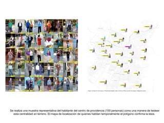 Se realiza una muestra representativa del habitante del centro de providencia (100 personas) como una manera de testear esta centralidad en terreno. El mapa de localizaci ón de quienes habitan temporalmente el polígono confirma la tesis.