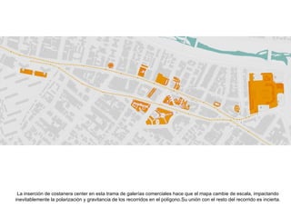 La inserci ón de costanera center en esta trama de galerías comerciales hace que el mapa cambie de escala, impactando inevitablemente la polarización y gravitancia de los recorridos en el polígono.Su unión con el resto del recorrido es incierta.