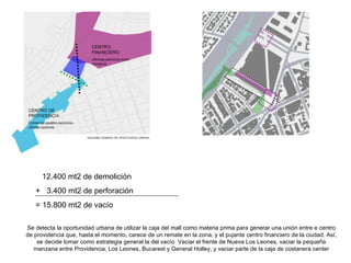 12.400 mt2 de demolici ón + 3.400 mt2 de perforación = 15.800 mt2 de vacío Se detecta la oportunidad urbana de utilizar la caja del mall como materia prima para generar una uni ón entre e centro de providencia que, hasta el momento, carece de un remate en la zona, y el pujante centro financiero de la ciudad. Así, se decide tomar como estrategia general la del vacío. Vaciar el frente de Nueva Los Leones, vaciar la pequeña manzana entre Providencia, Los Leones, Bucarest y General Holley, y vaciar parte de la caja de costanera center