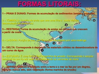 FORMAS LITORAIS:FORMAS LITORAIS:
1 – PRAIA E DUNAS: Formas de acumulação de sedimentos (areias e conchas)1 – PRAIA E DUNAS: Formas de acumulação de sedimentos (areias e conchas)
2 – TÔMBOLO: Cordão de areia que une uma ilha à costa vizinha2 – TÔMBOLO: Cordão de areia que une uma ilha à costa vizinha
(acumulação de materiais)(acumulação de materiais)
3 – RESTINGA: Forma de acumulação de areias ou calhaus que crescem3 – RESTINGA: Forma de acumulação de areias ou calhaus que crescem
a partir da costaa partir da costa
4 – LAGUNA: Porção de mar que ficou individualizada por uma restinga4 – LAGUNA: Porção de mar que ficou individualizada por uma restinga
5 – DELTA: Corresponde à deposição de materiais sólidos na desembocadura de5 – DELTA: Corresponde à deposição de materiais sólidos na desembocadura de
um curso de águaum curso de água
6 – ESTUÁRIO: É uma forma fluvio-marinha de erosão. Corresponde à secção6 – ESTUÁRIO: É uma forma fluvio-marinha de erosão. Corresponde à secção
terminal de um rio até onde se fazem sentir as correntes de maréterminal de um rio até onde se fazem sentir as correntes de maré
7 – ARRIBA: Quando o contacto entre a terra e o mar se faz por um degrau,7 – ARRIBA: Quando o contacto entre a terra e o mar se faz por um degrau,
mais ou menos alto, sem vegetação (forma marinha de erosão)mais ou menos alto, sem vegetação (forma marinha de erosão)
 