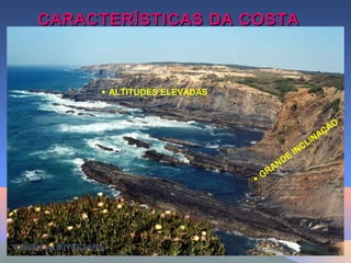 CARACTERÍSTICAS DA COSTACARACTERÍSTICAS DA COSTA
ALTA:ALTA:
COSTA ALENTEJANACOSTA ALENTEJANA
 GRANDE
INCLINAÇÃO
 ALTITUDES ELEVADAS
 