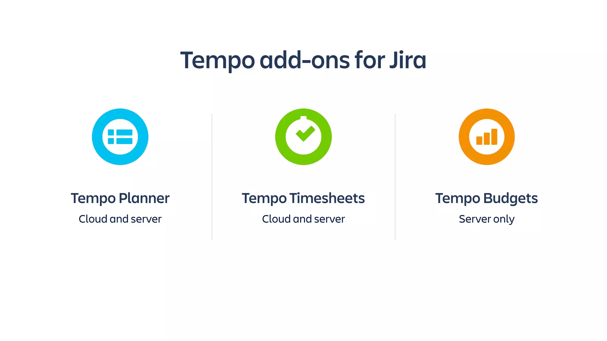 Tempo Timesheets
Cloud and server
Tempo add-ons for Jira
Tempo Budgets
Server only
Tempo Planner
Cloud and server
 