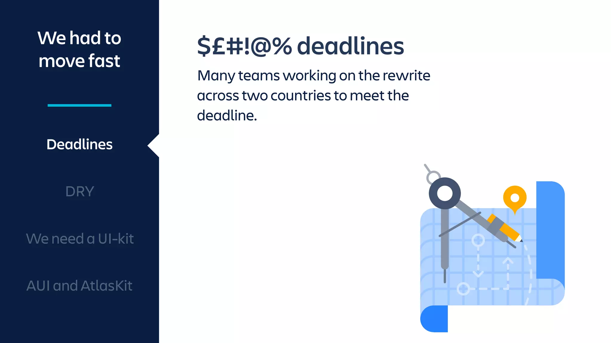 $£#!@% deadlines
Many teams working on the rewrite
across two countries to meet the
deadline.
We had to
move fast
Deadlines
DRY
We need a UI-kit
AUI and AtlasKit
 