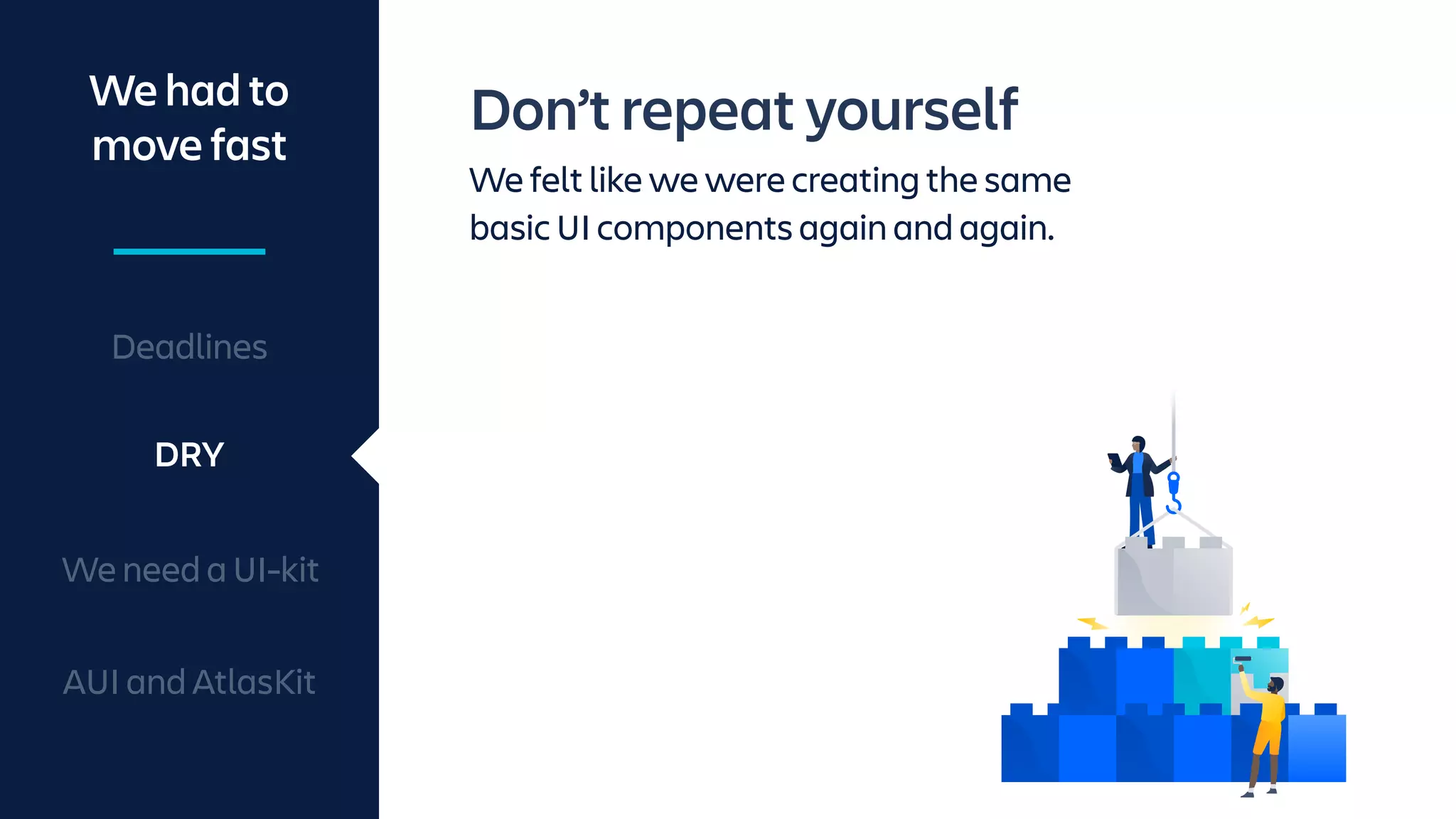 Don’t repeat yourself
We felt like we were creating the same
basic UI components again and again.
We had to
move fast
DRY
Deadlines
We need a UI-kit
AUI and AtlasKit
 