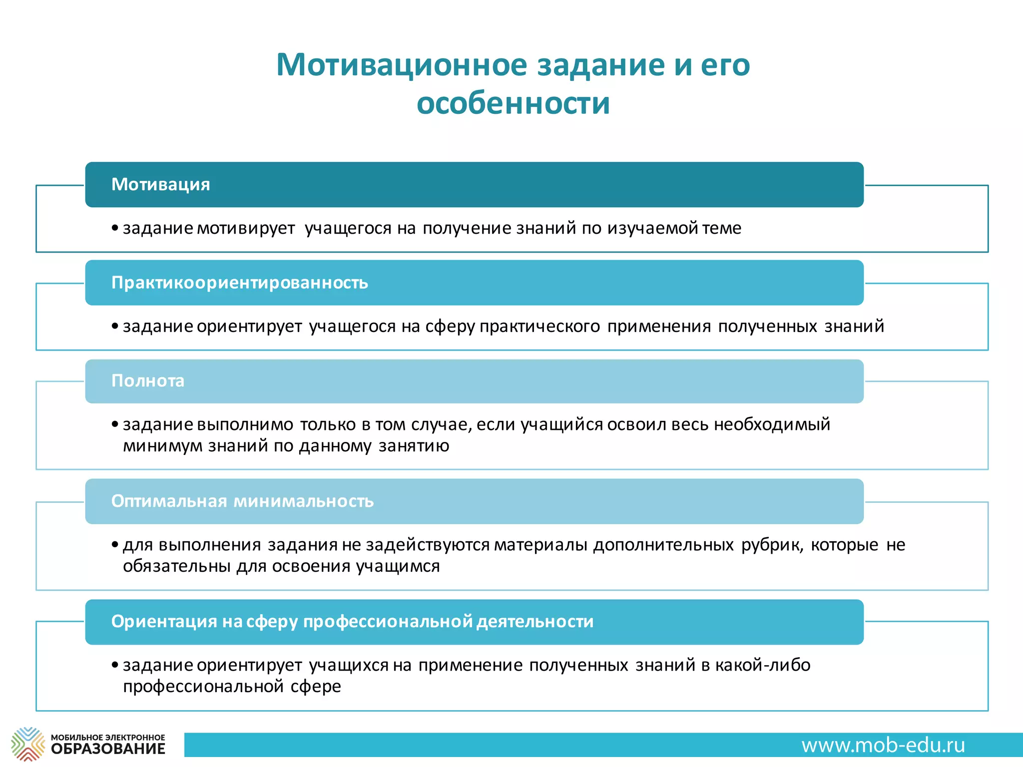 Мотивационное	задание	и	его	
особенности
•задание	мотивирует		учащегося	на	получение	знаний	по	изучаемой	теме
Мотивация
•задание	ориентирует	учащегося	на	сферу	практического	применения	полученных	знаний
Практикоориентированность
•задание	выполнимо	только	в	том	случае,	если	учащийся	освоил	весь	необходимый	
минимум	знаний	по	данному	занятию
Полнота
•для	выполнения	задания	не	задействуются	материалы	дополнительных	рубрик,	которые	не	
обязательны	для	освоения	учащимся
Оптимальная	минимальность
•задание	ориентирует	учащихся	на	применение	полученных	знаний	в	какой-либо	
профессиональной	сфере
Ориентация	на	сферу	профессиональной	деятельности
 