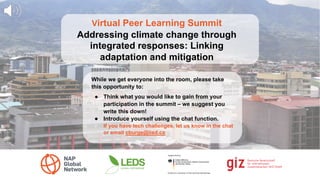 Virtual Peer Learning Summit
Addressing climate change through
integrated responses: Linking
adaptation and mitigation
While we get everyone into the room, please take
this opportunity to:
● Think what you would like to gain from your
participation in the summit – we suggest you
write this down!
● Introduce yourself using the chat function.
If you have tech challenges, let us know in the chat
or email cburge@iisd.ca
 