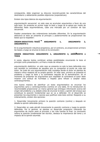 consiguiente, debe organizar su discurso reconstruyendo las características del
destinatario y adelantando posibles objeciones (expectativas).
Existen dos tipos básicos de argumentación:
argumentación secuencial: en este caso se acumulan argumentos a favor de una
sola tesis. Se presenta en primer lugar la tesis y luego se la apoya por medio de
diferentes fases argumentativas, cada una marcada por un conector de tipo
secuencial.
Pueden presentarse dos ordenaciones textuales diferentes. En la argumentación
deductiva la tesis se presenta al principio y posteriormente se proporcionan las
bases que la respaldan:
ORDEN DEDUCTIVO: TESIS ARGUMENTO 1, ARGUMENTO 2,
ARGUMENTO n
En la argumentación inductiva-progresiva, por el contrario, se proporcionan primero
las bases y luego se enuncia la tesis en la conclusión:
ORDEN INDUCTIVO: ARGUMENTO 1, ARGUMENTO 2, ARGUMENTO n
TESIS
A veces, algunos textos combinan ambas posibilidades enunciando la tesis al
principio como presentación y al final a modo de refuerzo.
argumentación dialéctica: en este caso se presenta no solo la tesis defendida sino
que también la contratesis de aquellos que no comparten el punto de vista del
autor. Se trata de una argumentación más compleja donde el autor se plantea de
manera crítica respecto de su propia opinión. En este caso, primero se presenta el
problema y luego la tesis y la contratesis seguida de la demostración. En el
momento de presentar los argumentos que respaldan la contratesis el autor debe
mostrar una actitud de humildad y respeto para refutar o aceptar estos
contraargumentos.
Una buena manera de planificar un texto argumentativo es enunciar los
argumentos (pro) y contrargumentos (contra) en una tabla. En la introducción es
recomendable proporcionar un marco general que entregue información acerca del
origen del problema y su debate antes de enunciar la tesis u opinión del ensayo que
constituye la posición fundamental que se va a defender. En el desarrollo se
presentan los argumentos o razones que justifican esta tesis central. Respecto a su
ordenamiento, existen dos opciones:
1. Desarrollar brevemente primero la posición contraria (contra) y después en
detalle la opinión defendida (pro).
2. Desarrollar en cada párrafo brevemente la posición contraria y luego la opinión
defendida. Por lo general, se plantea un desarrollo progresivo colocando los
argumentos de menor peso al principio y los más fuertes al final. La conclusión
reitera la posición fundamental del escritor, destaca la importancia del tema y el
impacto de la opinión asumida.
 