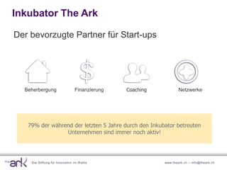 Inkubator The Ark

Der bevorzugte Partner für Start-ups




  Beherbergung                   Finanzierung   Coaching           Netzwerke




   79% der während der letzten 5 Jahre durch den Inkubator betreuten
                Unternehmen sind immer noch aktiv!




    Die Stiftung für Innovation im W allis                 www.theark.ch – info@theark.ch
 