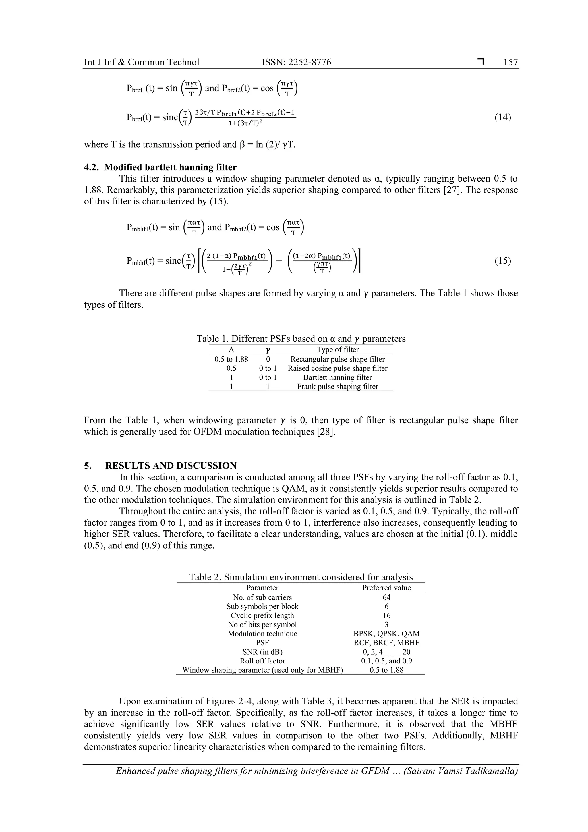 Int J Inf & Commun Technol ISSN: 2252-8776 
Enhanced pulse shaping filters for minimizing interference in GFDM … (Sairam Vamsi Tadikamalla)
157
Pbrcf1(t) = sin (
πγτ
T
) and Pbrcf2(t) = cos (
πγτ
T
)
Pbrcf(t) = sinc(
τ
T
)
2βτ T Pbrcf1(t)+2 Pbrcf2(t)−1
⁄
1+(βτ T
⁄ )2 (14)
where T is the transmission period and β = ln (2)/ γT.
4.2. Modified bartlett hanning filter
This filter introduces a window shaping parameter denoted as α, typically ranging between 0.5 to
1.88. Remarkably, this parameterization yields superior shaping compared to other filters [27]. The response
of this filter is characterized by (15).
Pmbhf1(t) = sin (
πατ
T
) and Pmbhf2(t) = cos (
πατ
T
)
Pmbhf(t) = sinc(
τ
T
) [(
2 (1−α) Pmbhf1(t)
1−(
2γτ
T
)
2 ) − (
(1−2α) Pmbhf1(t)
(
γπτ
T
)
)] (15)
There are different pulse shapes are formed by varying α and γ parameters. The Table 1 shows those
types of filters.
Table 1. Different PSFs based on α and 𝛾 parameters
Α 𝜸 Type of filter
0.5 to 1.88 0 Rectangular pulse shape filter
0.5 0 to 1 Raised cosine pulse shape filter
1 0 to 1 Bartlett hanning filter
1 1 Frank pulse shaping filter
From the Table 1, when windowing parameter 𝛾 is 0, then type of filter is rectangular pulse shape filter
which is generally used for OFDM modulation techniques [28].
5. RESULTS AND DISCUSSION
In this section, a comparison is conducted among all three PSFs by varying the roll-off factor as 0.1,
0.5, and 0.9. The chosen modulation technique is QAM, as it consistently yields superior results compared to
the other modulation techniques. The simulation environment for this analysis is outlined in Table 2.
Throughout the entire analysis, the roll-off factor is varied as 0.1, 0.5, and 0.9. Typically, the roll-off
factor ranges from 0 to 1, and as it increases from 0 to 1, interference also increases, consequently leading to
higher SER values. Therefore, to facilitate a clear understanding, values are chosen at the initial (0.1), middle
(0.5), and end (0.9) of this range.
Table 2. Simulation environment considered for analysis
Parameter Preferred value
No. of sub carriers 64
Sub symbols per block 6
Cyclic prefix length 16
No of bits per symbol 3
Modulation technique BPSK, QPSK, QAM
PSF RCF, BRCF, MBHF
SNR (in dB) 0, 2, 4 _ _ _ 20
Roll off factor 0.1, 0.5, and 0.9
Window shaping parameter (used only for MBHF) 0.5 to 1.88
Upon examination of Figures 2-4, along with Table 3, it becomes apparent that the SER is impacted
by an increase in the roll-off factor. Specifically, as the roll-off factor increases, it takes a longer time to
achieve significantly low SER values relative to SNR. Furthermore, it is observed that the MBHF
consistently yields very low SER values in comparison to the other two PSFs. Additionally, MBHF
demonstrates superior linearity characteristics when compared to the remaining filters.
 