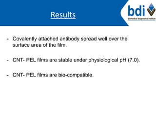 Results
- Covalently attached antibody spread well over the
surface area of the film.
- CNT- PEL films are stable under physiological pH (7.0).
- CNT- PEL films are bio-compatible.
 
