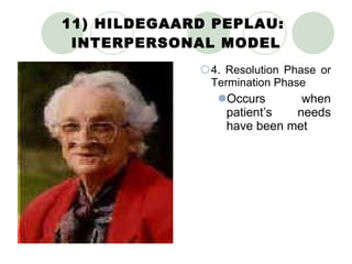 11) HILDEGAARD PEPLAU:  INTERPERSONAL MODEL 4. Resolution Phase or Termination Phase Occurs when patient’s needs have been met 