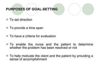 PURPOSES OF GOAL-SETTING To set direction To provide a time span To have a criteria for evaluation To enable the nurse and the patient to determine whether the problem has been resolved or not To help motivate the client and the patient by providing a sense of accomplishment 