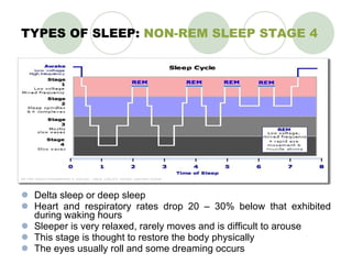 TYPES OF SLEEP:  NON-REM SLEEP STAGE 4 Delta sleep or deep sleep Heart and respiratory rates drop 20 – 30% below that exhibited during waking hours Sleeper is very relaxed, rarely moves and is difficult to arouse This stage is thought to restore the body physically The eyes usually roll and some dreaming occurs 
