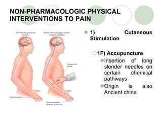 NON-PHARMACOLOGIC PHYSICAL INTERVENTIONS TO PAIN 1) Cutaneous Stimulation 1F) Accupuncture Insertion of long slender needles on certain chemical pathways Origin is also Ancient china 