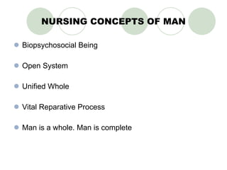 NURSING CONCEPTS OF MAN Biopsychosocial Being Open System Unified Whole Vital Reparative Process Man is a whole. Man is complete 