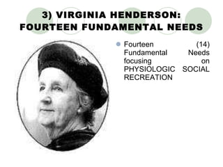 3) VIRGINIA HENDERSON: FOURTEEN FUNDAMENTAL NEEDS Fourteen (14) Fundamental Needs focusing on PHYSIOLOGIC SOCIAL RECREATION 